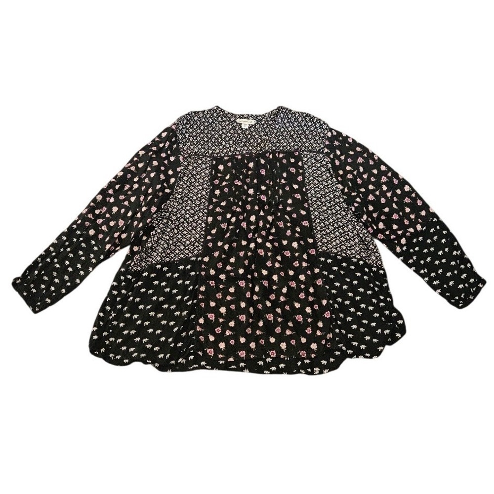Coldwater Creek Shirt Womens 3X Mixed Floral Patchwork Blouse Black Pink Rayon